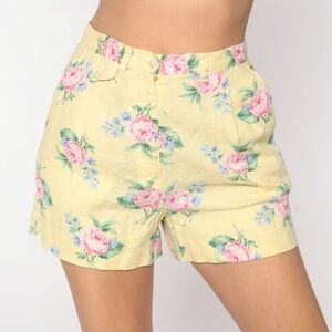Ralph Lauren 100% Linen Floral Print 90s Mom Shorts Yellow Pastel Hi-Waisted 6P‎